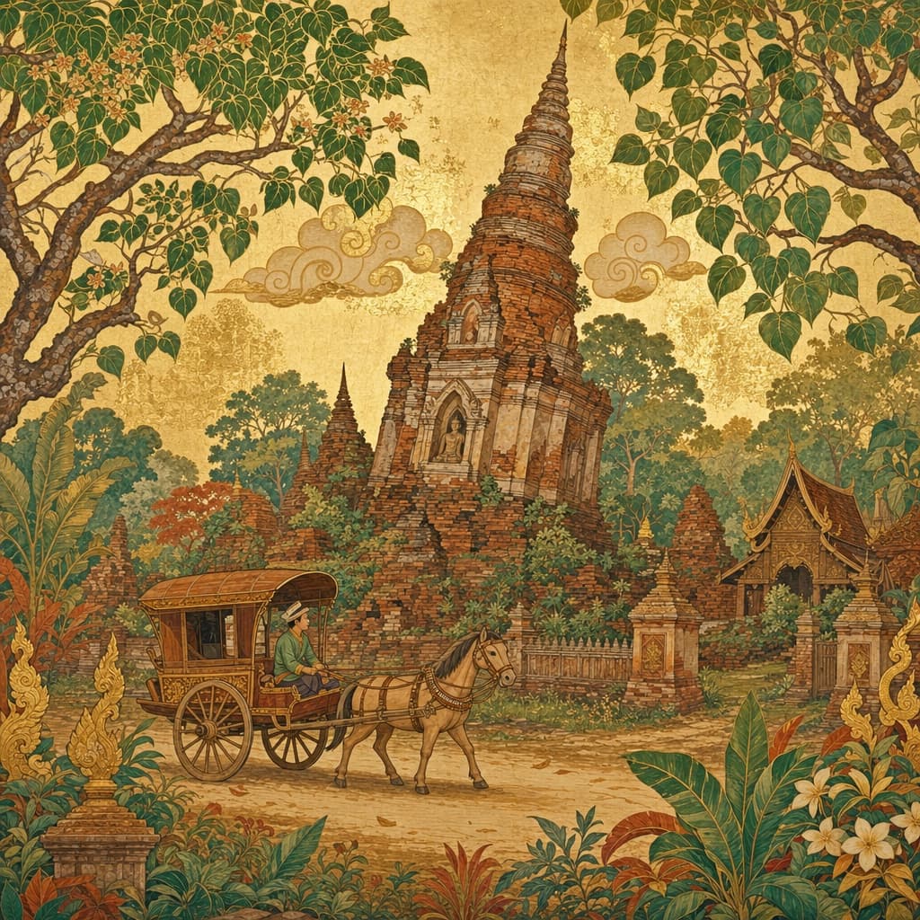 Lanna-style illustration of the ancient ruins of Wiang Kum Kam — a leaning brick chedi among trees, a horse-cart on a quiet lane
