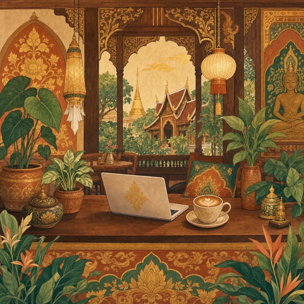 Lanna-style illustration of a cosy work-friendly café in Chiang Mai with a laptop, coffee and plants