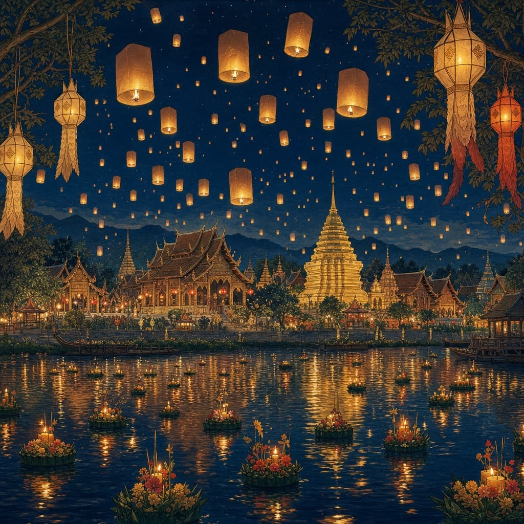 Lanna-style illustration of the Yi Peng lantern festival in Chiang Mai at night, glowing sky lanterns rising over a temple with floating krathong on the river