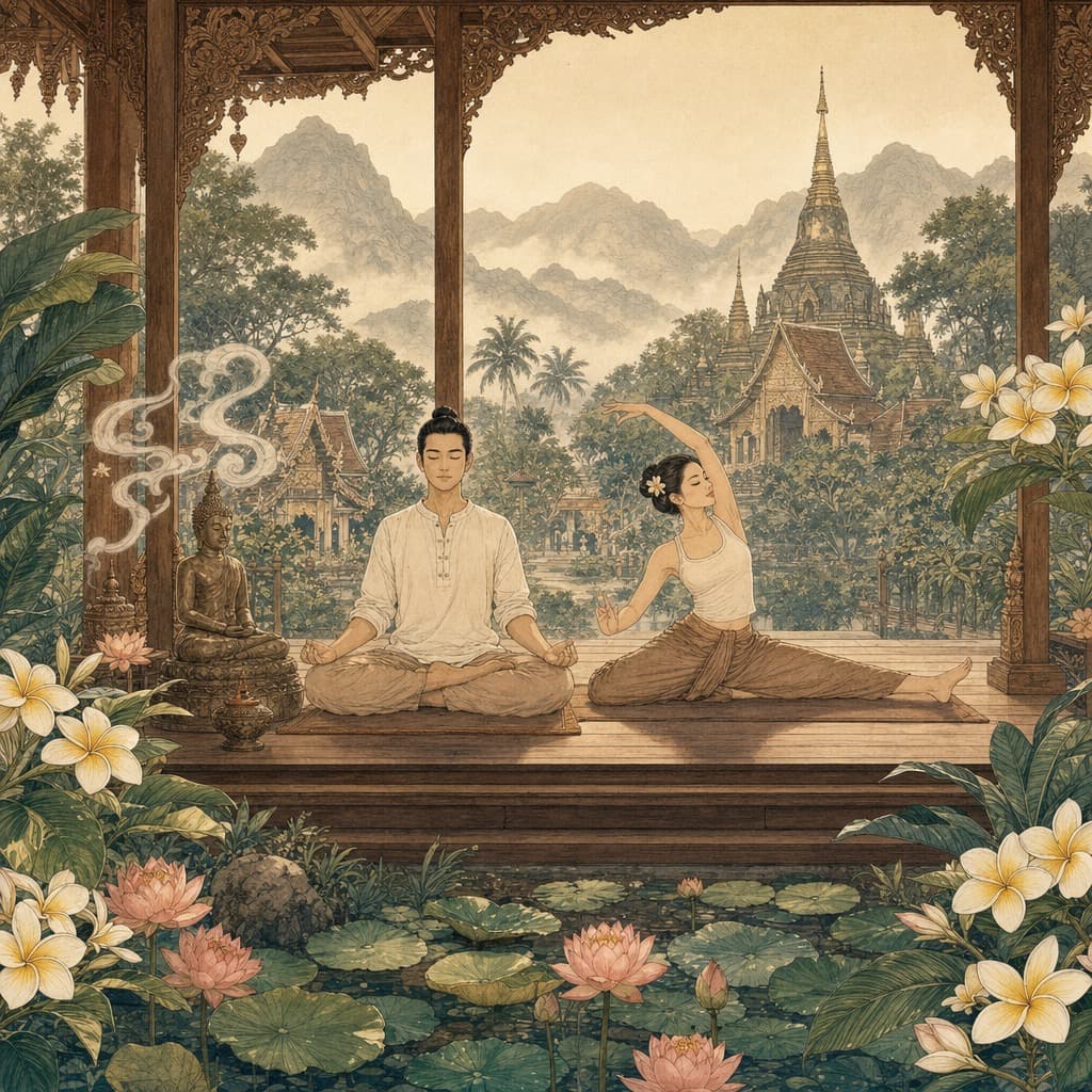 Lanna-style illustration of people meditating and doing yoga on a wooden open-air sala in a peaceful temple garden with lotus and misty mountains