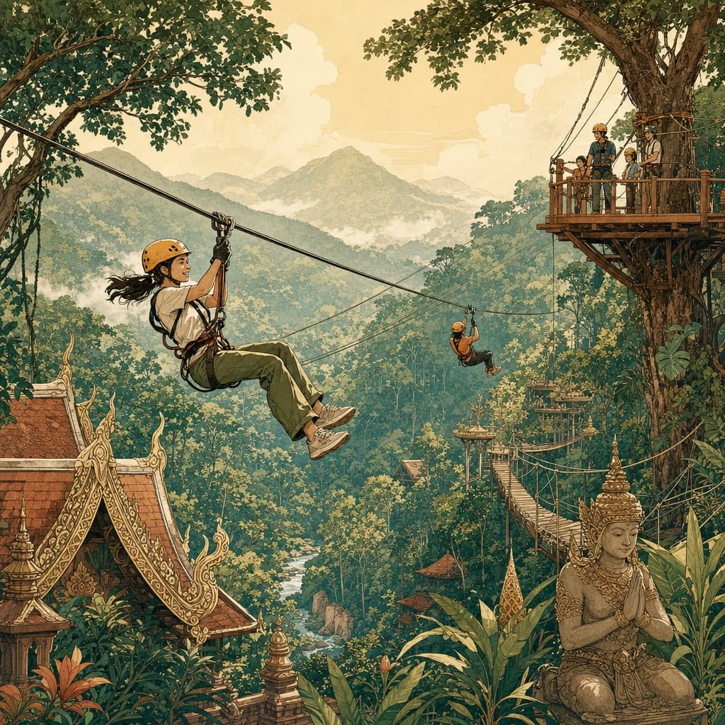 A warm Lanna-style illustration of people ziplining through a lush green jungle canopy, with timber platforms and rope sky-bridges strung between the trees in the misty hills near Chiang Mai.