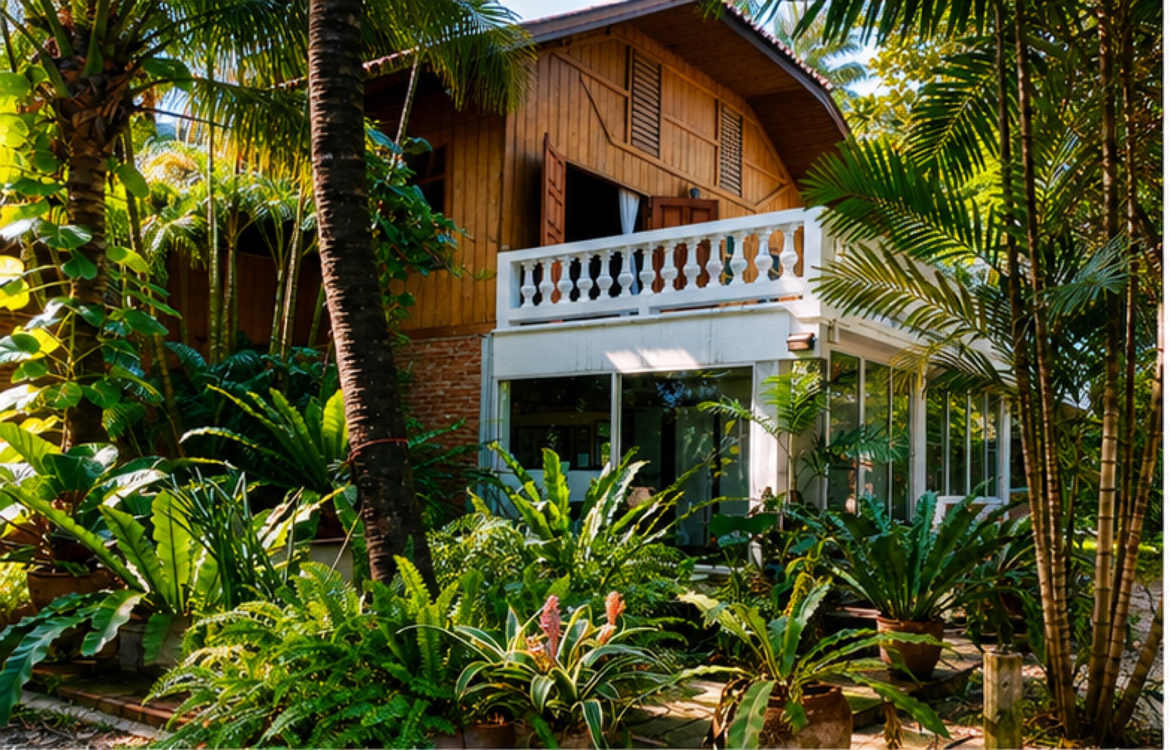 Ada House exterior — wooden Thai house with white balcony surrounded by a lush tropical garden