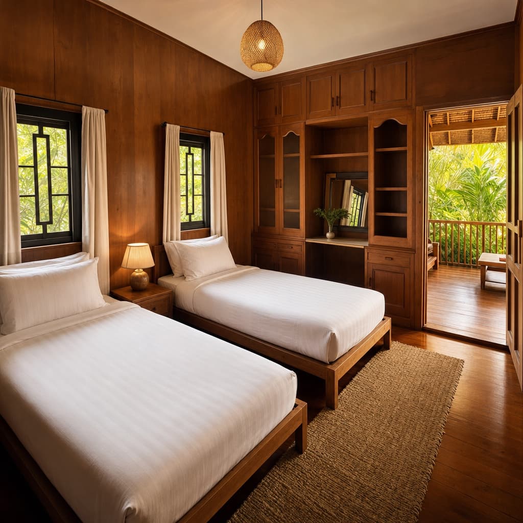 Wooden Thai-style bedroom with two single beds and bright windows